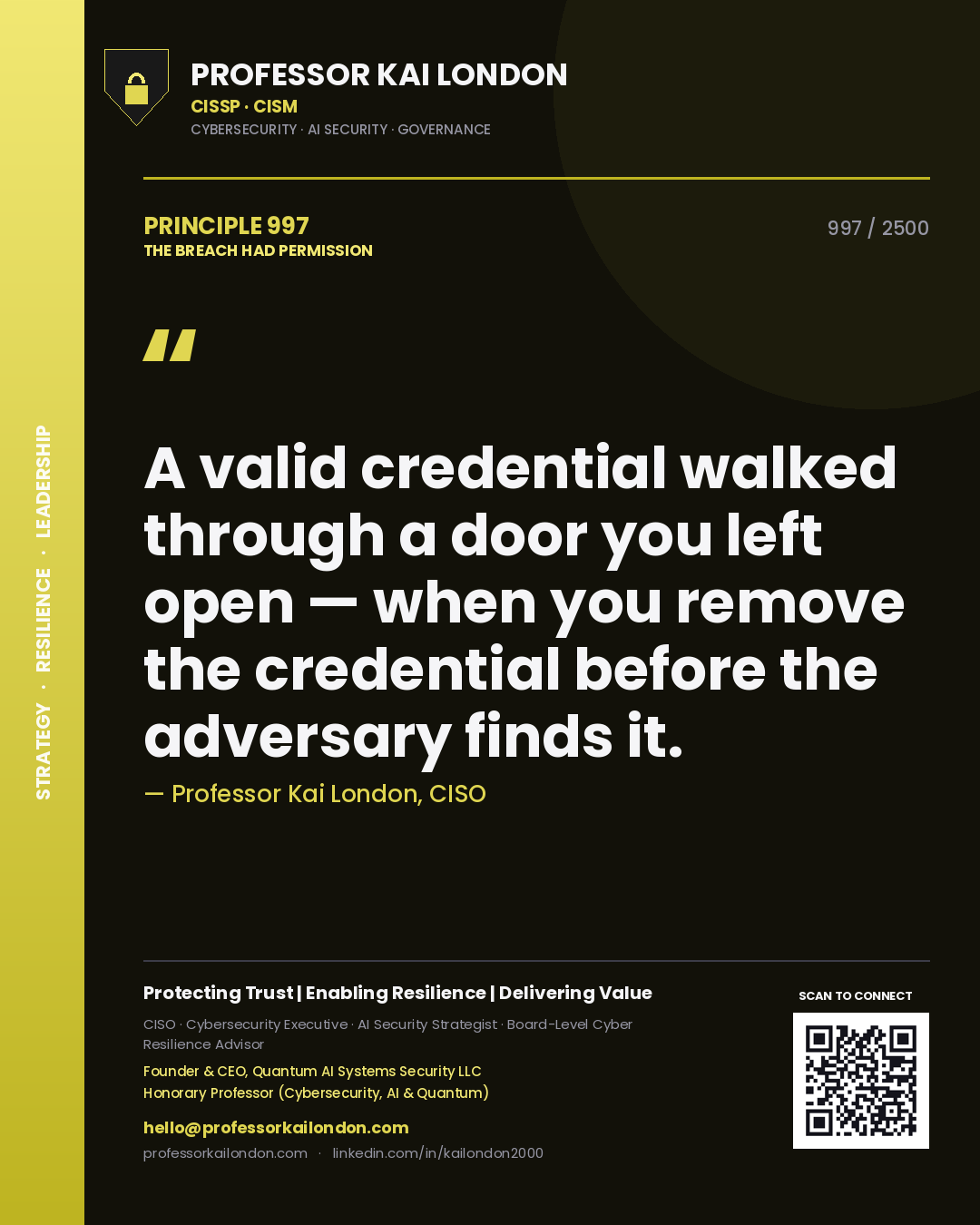 Quote card by Professor Kai London reading 'A valid credential walked through a door you left open — when you remove the credential before the adversary finds it.'. From the book The Breach Had Permission.