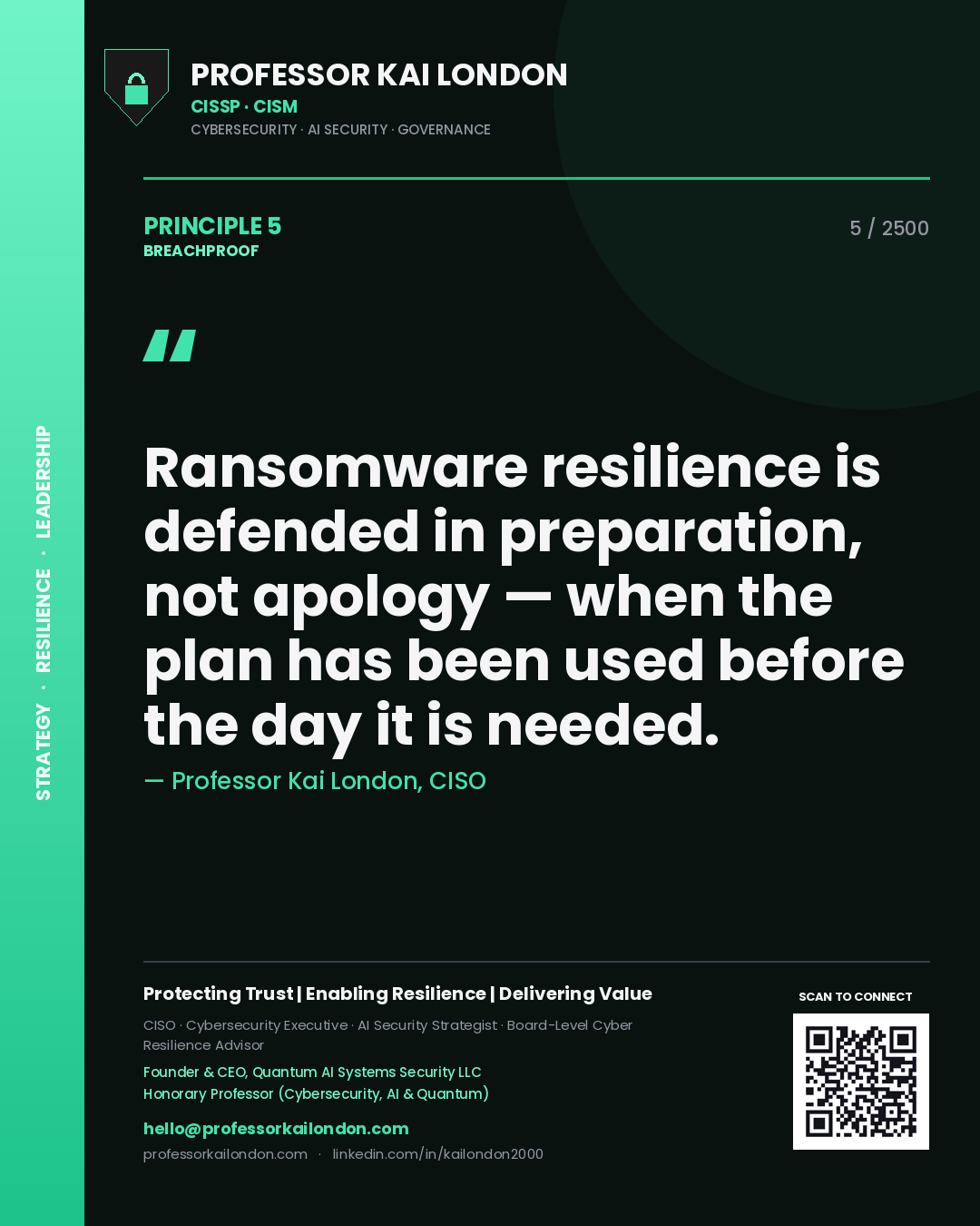 Professor Kai London principle 5: Ransomware resilience is defended in preparation, not apology — when the plan has been used before the day it is needed.
