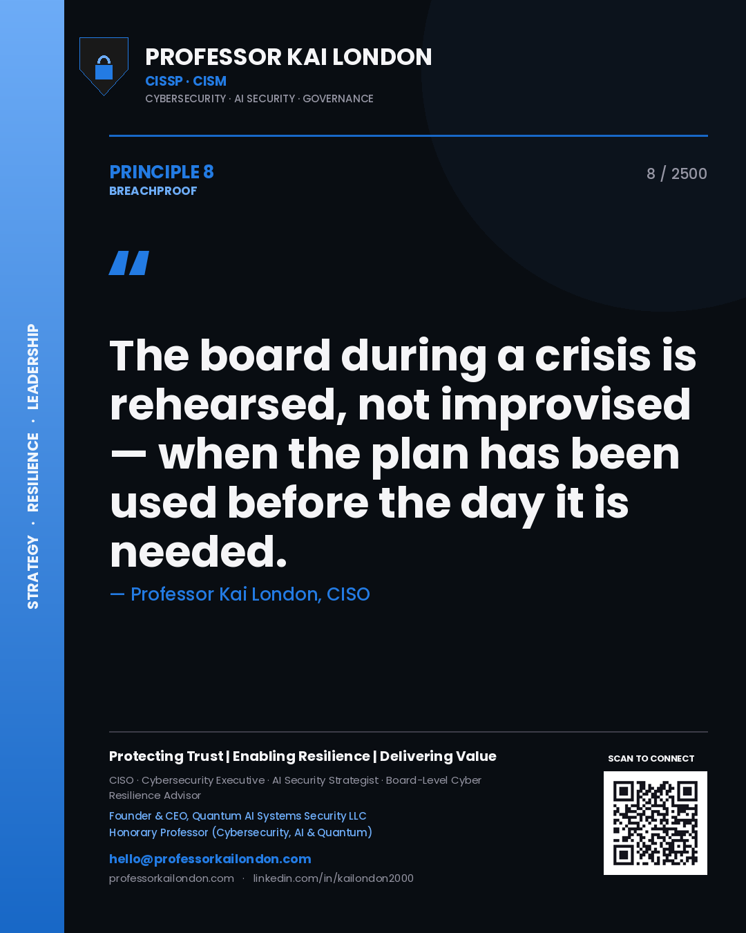 Quote card by Professor Kai London reading 'The board during a crisis is rehearsed, not improvised — when the plan has been used before the day it is needed.'. From the book Breachproof.