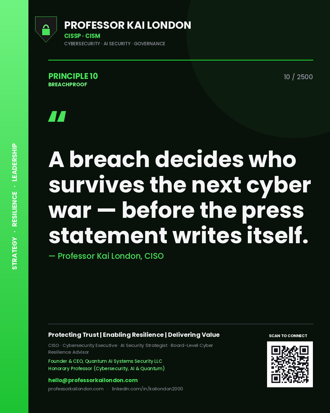Professor Kai London principle 10: A breach decides who survives the next cyber war — before the press statement writes itself.