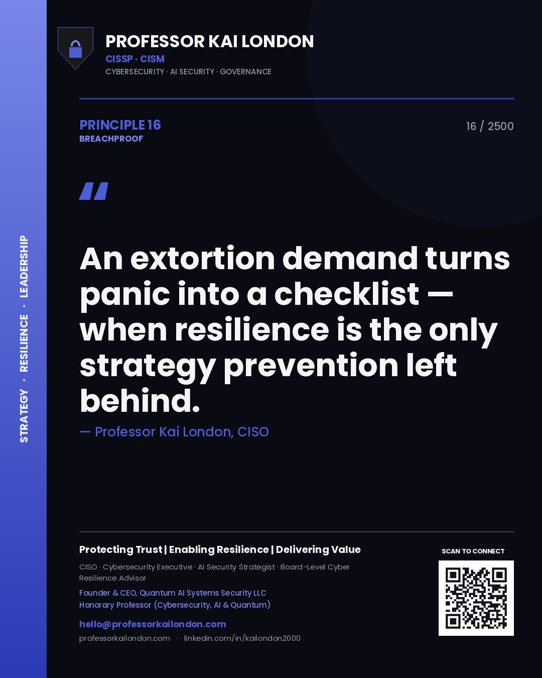 Professor Kai London principle 16: An extortion demand turns panic into a checklist — when resilience is the only strategy prevention left behind.