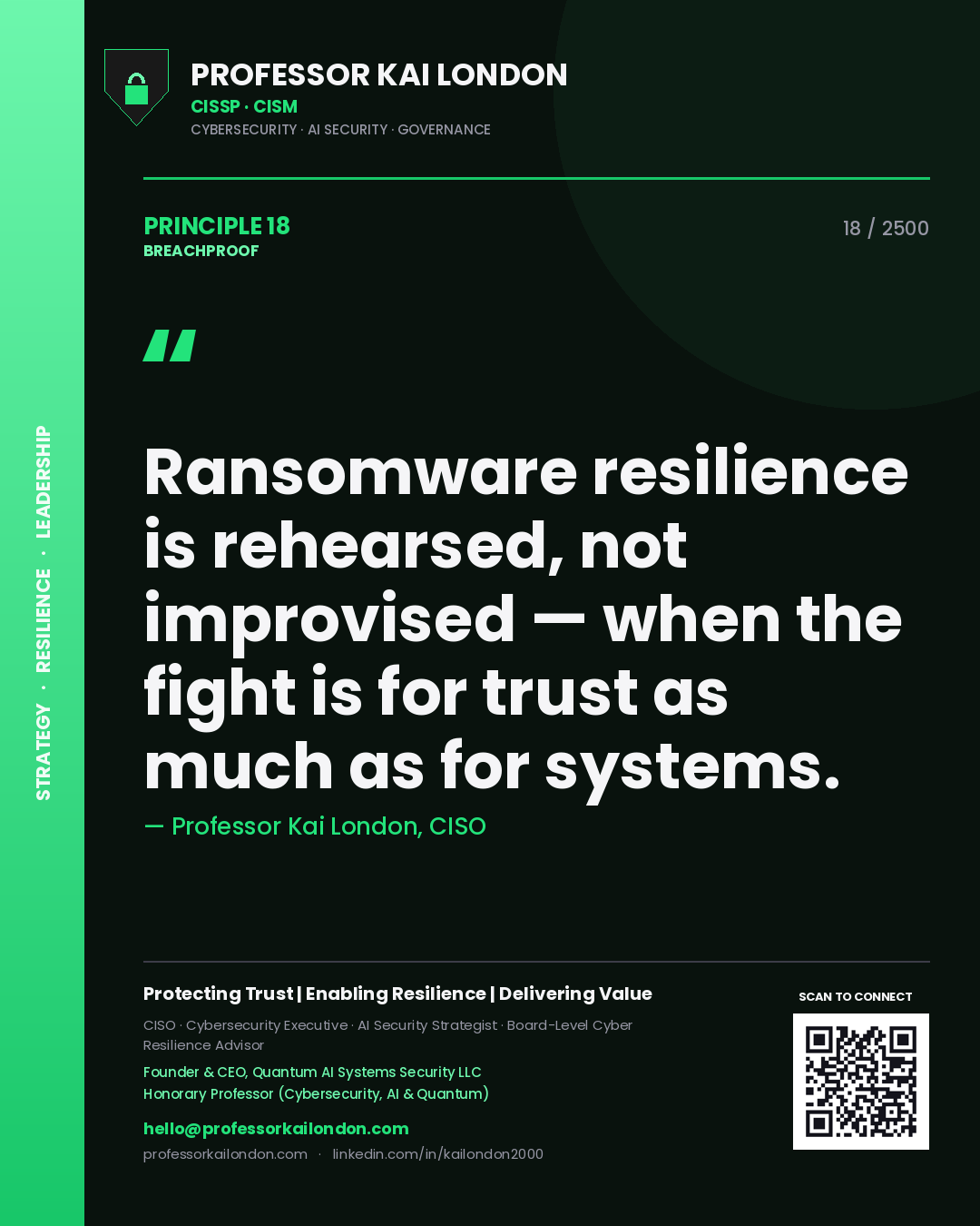 Quote card by Professor Kai London reading 'Ransomware resilience is rehearsed, not improvised — when the fight is for trust as much as for systems.'. From the book Breachproof.