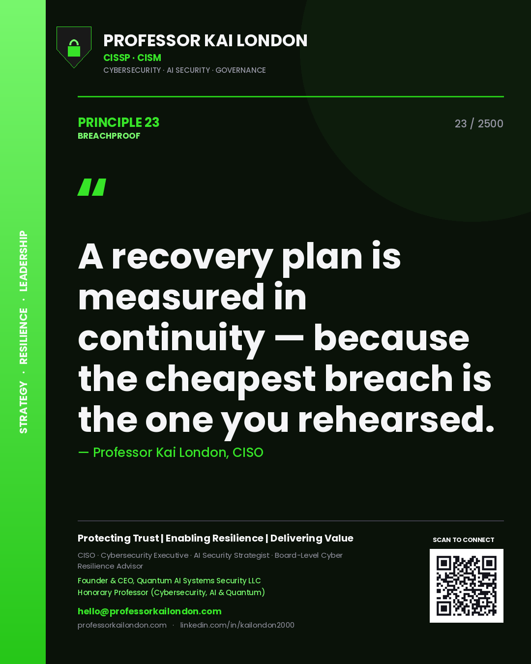 Professor Kai London principle 23: A recovery plan is measured in continuity — because the cheapest breach is the one you rehearsed.