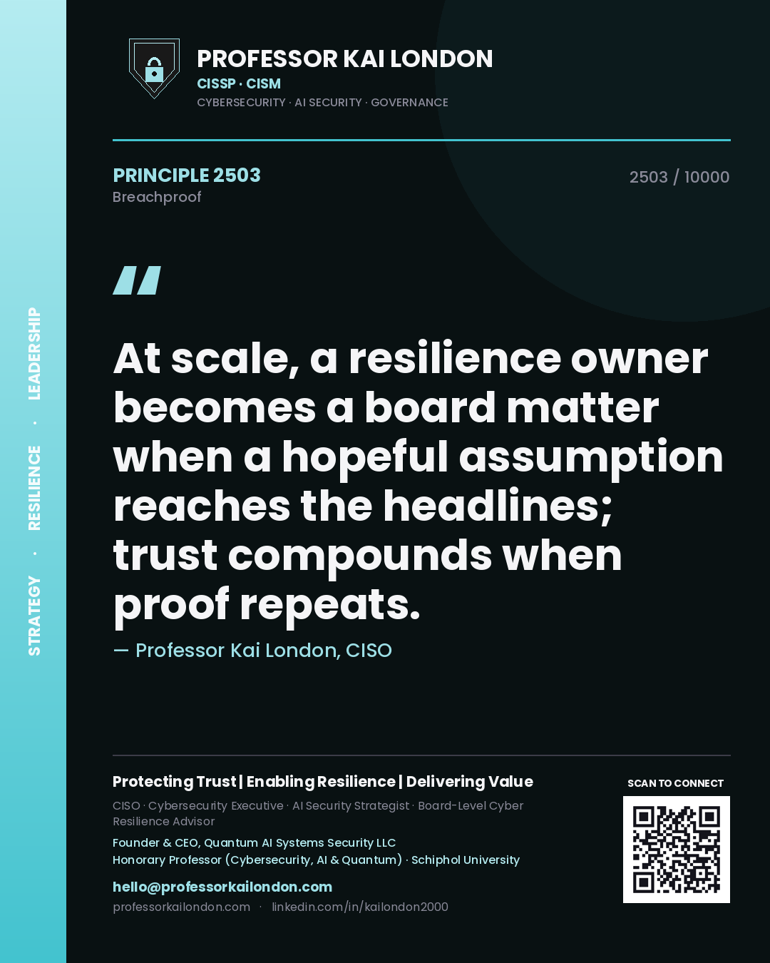 Quote card by Professor Kai London reading 'At scale, a resilience owner becomes a board matter when a hopeful assumption reaches the headlines; trust compounds when proof repeats.'. From the book Breachproof.