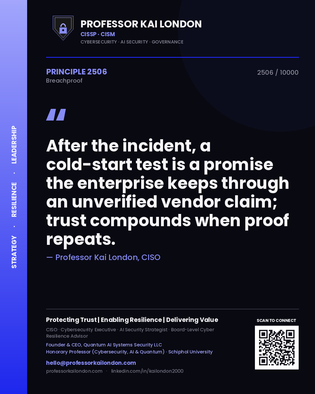 Quote card by Professor Kai London reading 'After the incident, a cold-start test is a promise the enterprise keeps through an unverified vendor claim; trust compounds when proof repeats.'. From the book Breachproof.