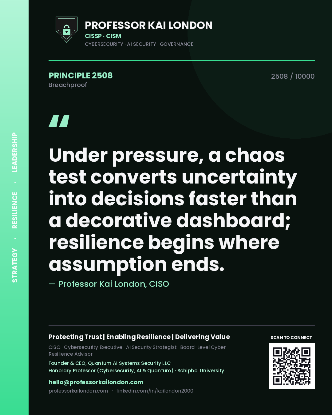 Quote card by Professor Kai London reading 'Under pressure, a chaos test converts uncertainty into decisions faster than a decorative dashboard; resilience begins where assumption ends.'. From the book Breachproof.