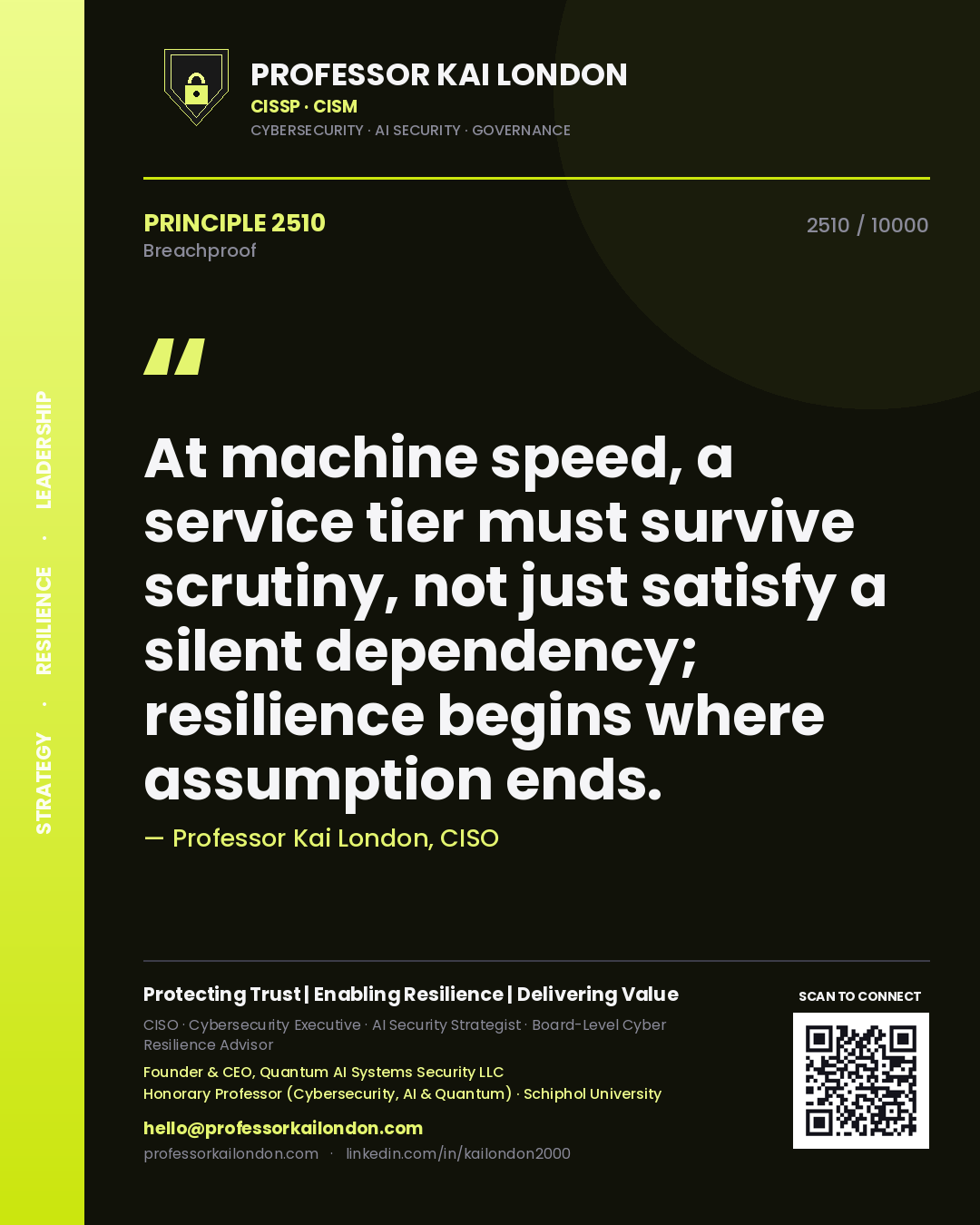 Quote card by Professor Kai London reading 'At machine speed, a service tier must survive scrutiny, not just satisfy a silent dependency; resilience begins where assumption ends.'. From the book Breachproof.