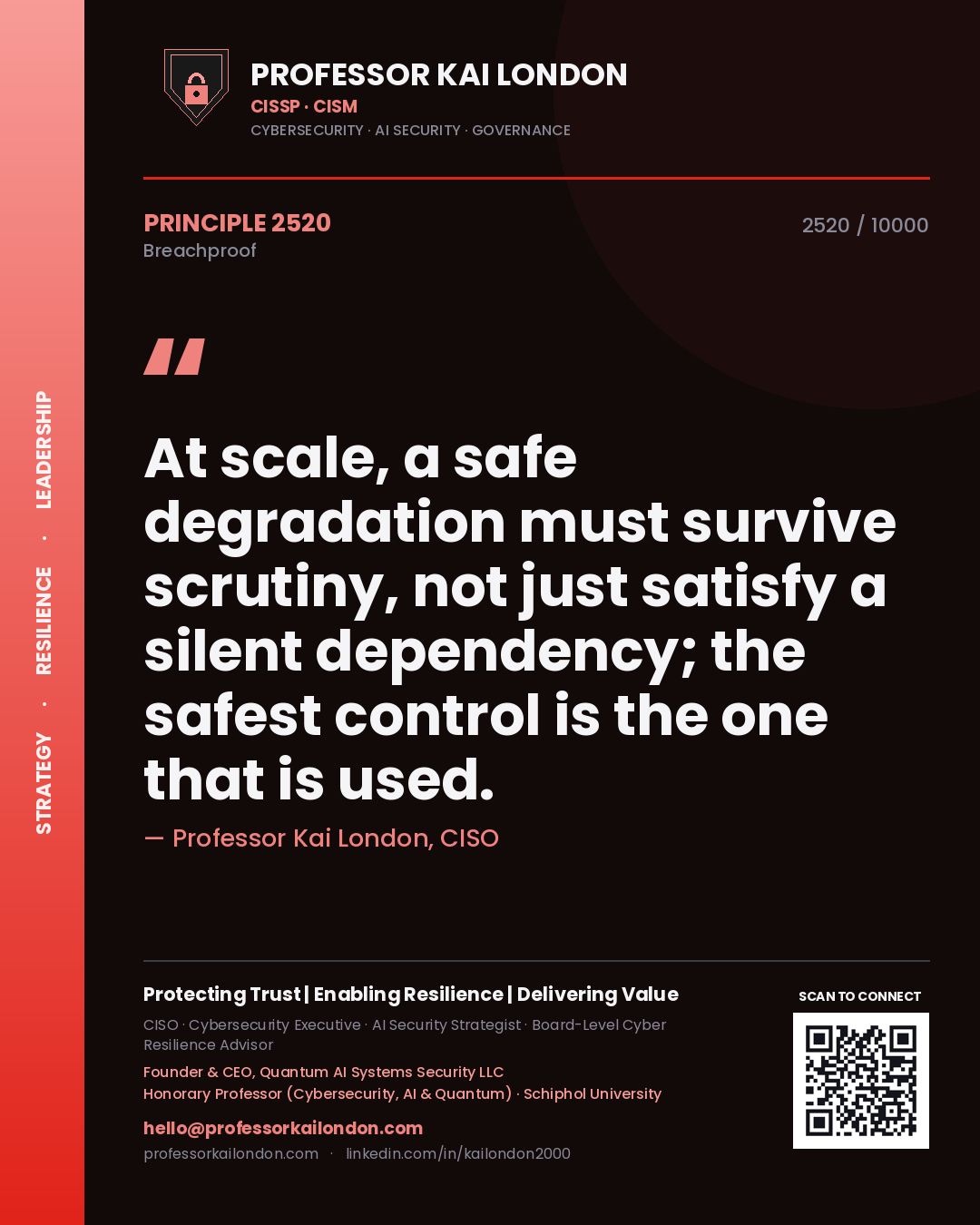 Quote card by Professor Kai London reading 'At scale, a safe degradation must survive scrutiny, not just satisfy a silent dependency; the safest control is the one that is used.'. From the book Breachproof.