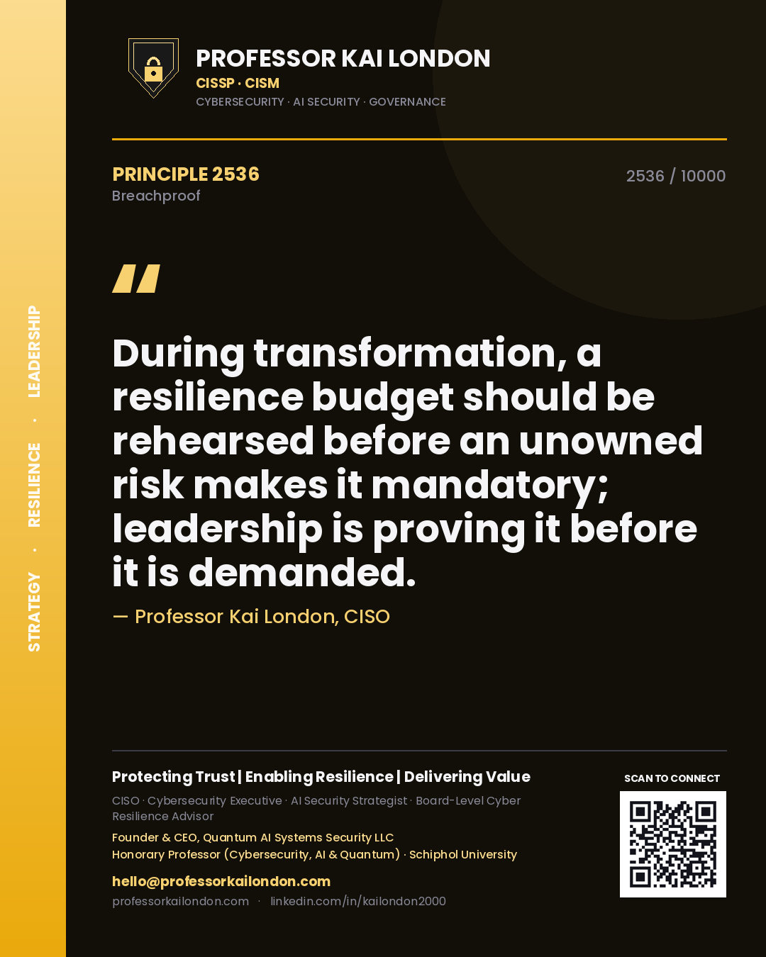 Quote card by Professor Kai London reading 'During transformation, a resilience budget should be rehearsed before an unowned risk makes it mandatory; leadership is proving it before it is demanded.'. From the book Breachproof.