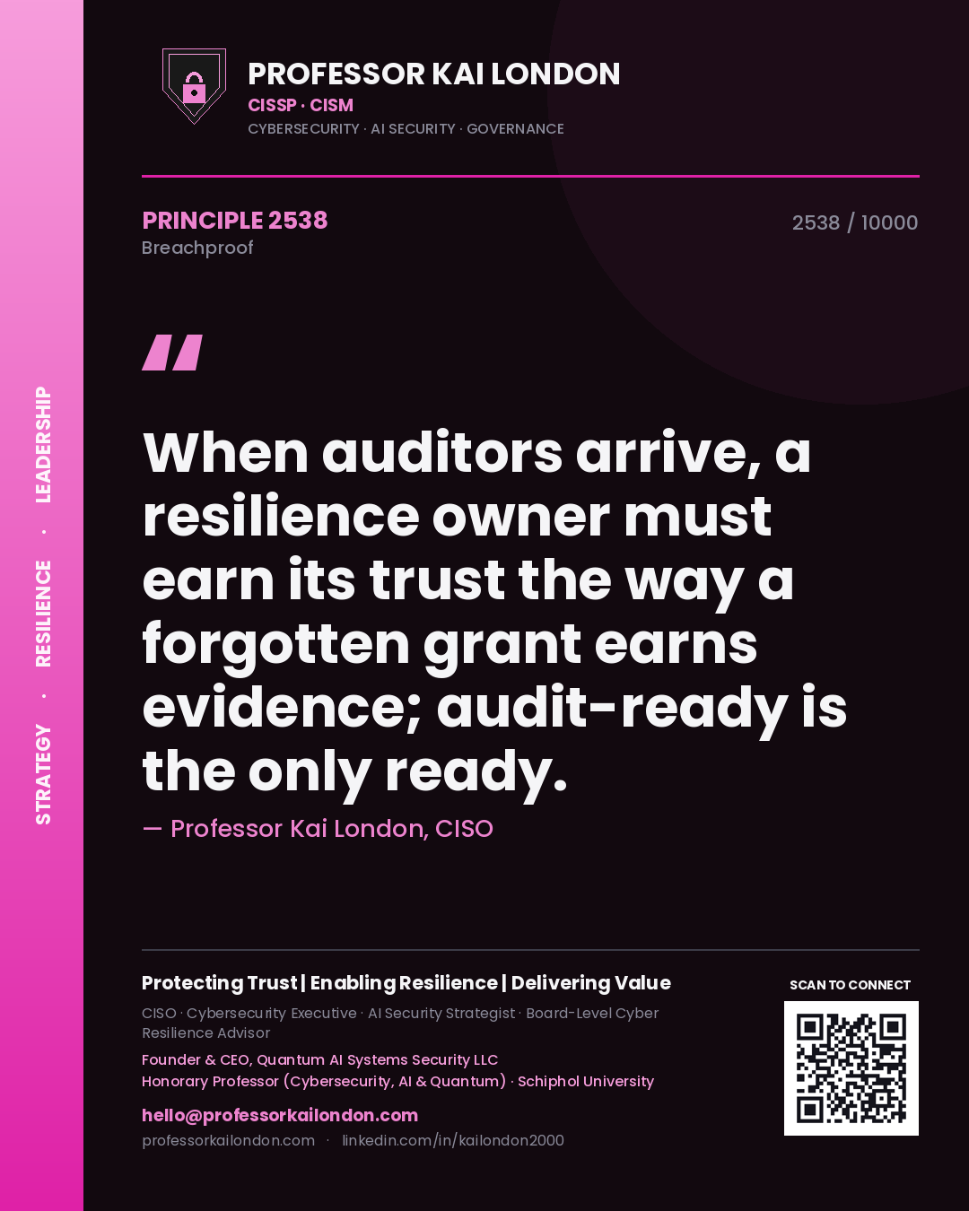 Quote card by Professor Kai London reading 'When auditors arrive, a resilience owner must earn its trust the way a forgotten grant earns evidence; audit-ready is the only ready.'. From the book Breachproof.