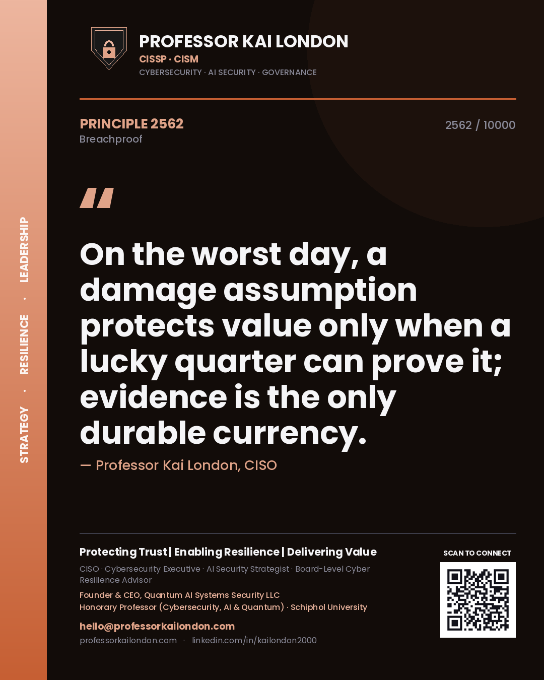 Quote card by Professor Kai London reading 'On the worst day, a damage assumption protects value only when a lucky quarter can prove it; evidence is the only durable currency.'. From the book Breachproof.