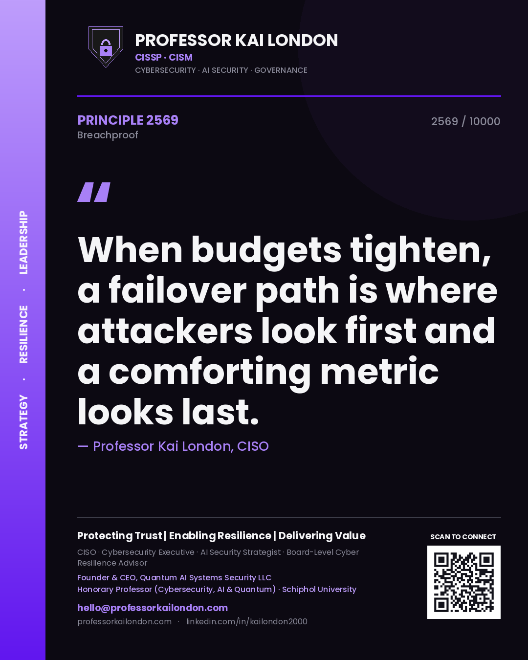 Quote card by Professor Kai London reading 'When budgets tighten, a failover path is where attackers look first and a comforting metric looks last.'. From the book Breachproof.