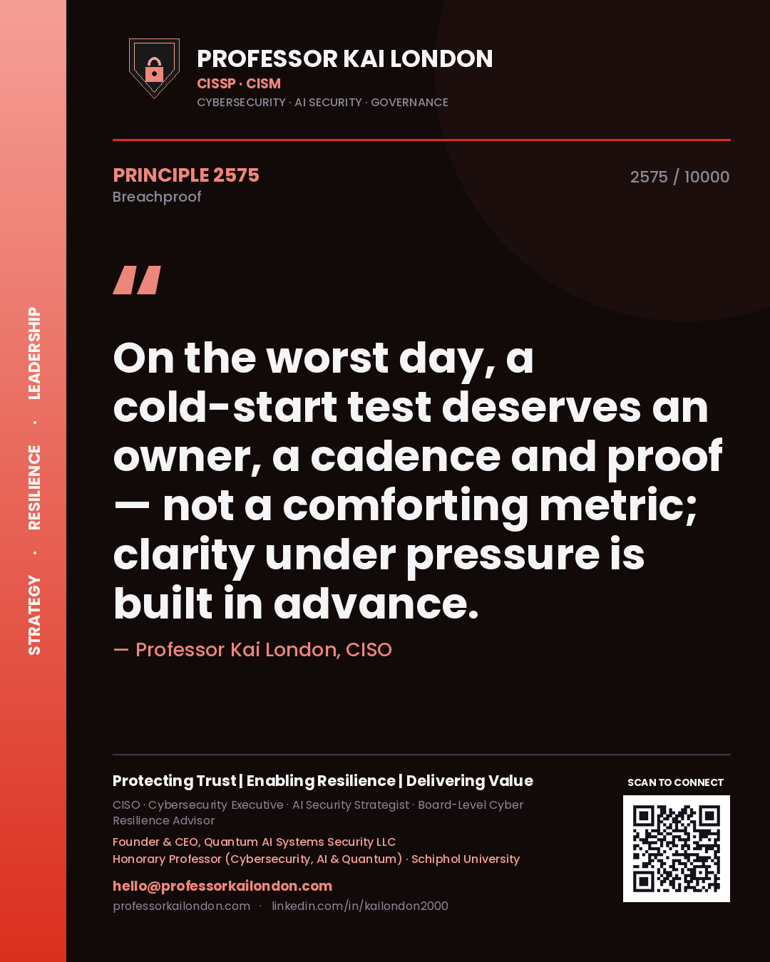Quote card by Professor Kai London reading 'On the worst day, a cold-start test deserves an owner, a cadence and proof — not a comforting metric; clarity under pressure is built in advance.'. From the book Breachproof.