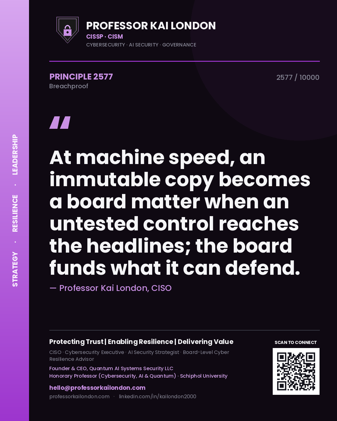 Quote card by Professor Kai London reading 'At machine speed, an immutable copy becomes a board matter when an untested control reaches the headlines; the board funds what it can defend.'. From the book Breachproof.