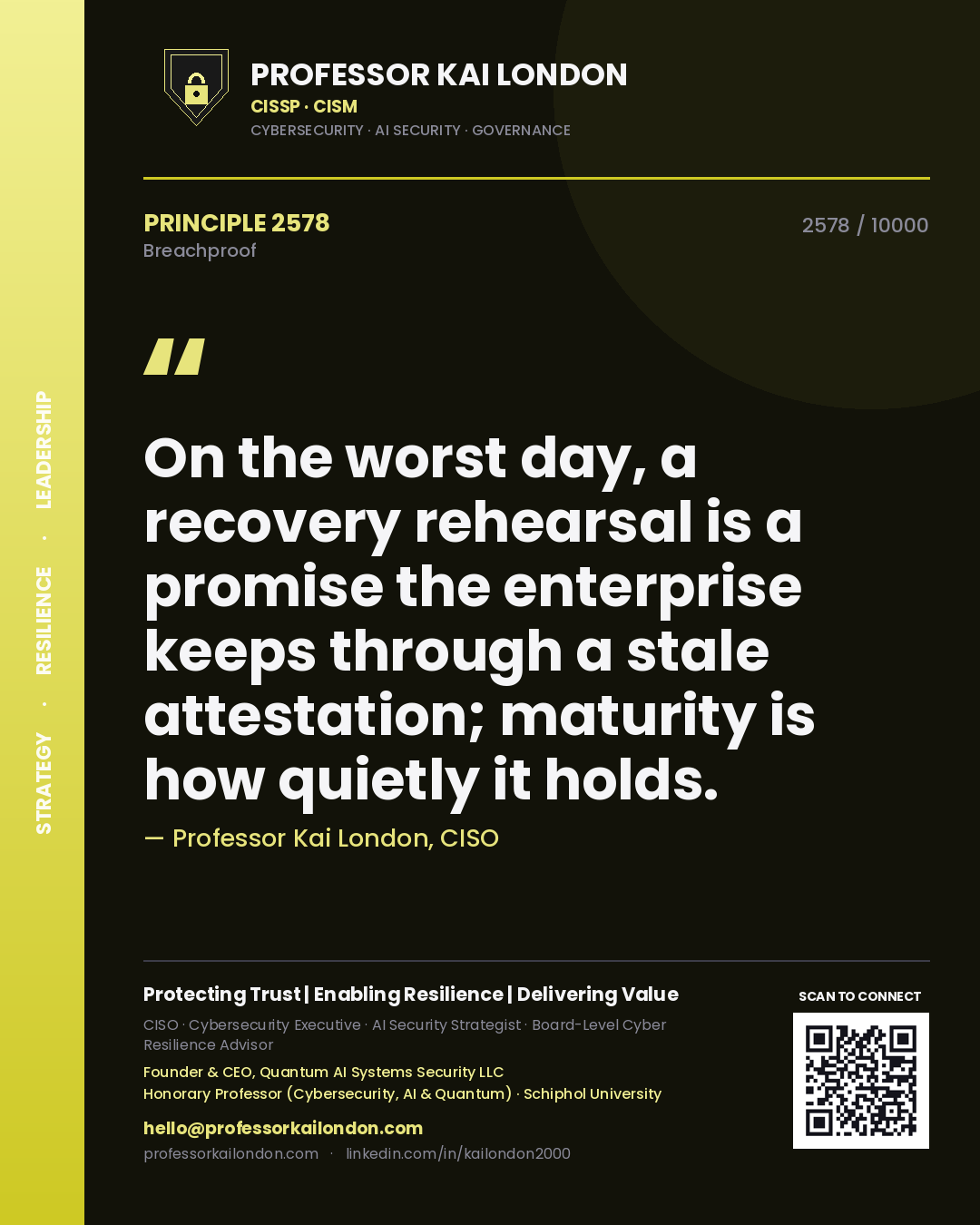 Professor Kai London principle 2578: On the worst day, a recovery rehearsal is a promise the enterprise keeps through a stale attestation; maturity is how quietly it holds.