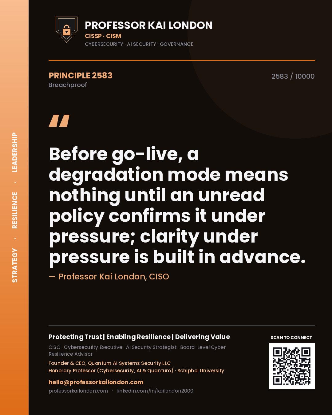 Quote card by Professor Kai London reading 'Before go-live, a degradation mode means nothing until an unread policy confirms it under pressure; clarity under pressure is built in advance.'. From the book Breachproof.