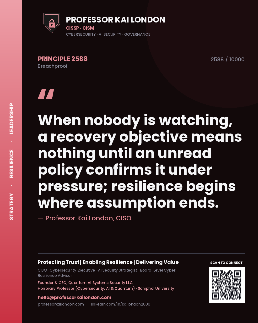 Quote card by Professor Kai London reading 'When nobody is watching, a recovery objective means nothing until an unread policy confirms it under pressure; resilience begins where assumption ends.'. From the book Breachproof.