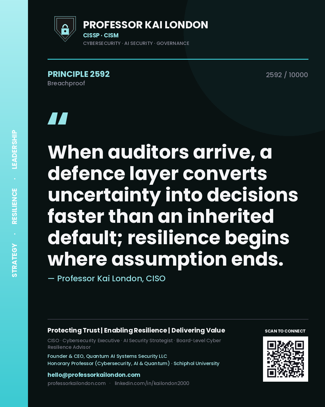 Quote card by Professor Kai London reading 'When auditors arrive, a defence layer converts uncertainty into decisions faster than an inherited default; resilience begins where assumption ends.'. From the book Breachproof.