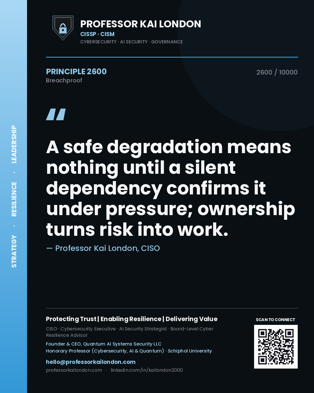 Quote card by Professor Kai London reading 'A safe degradation means nothing until a silent dependency confirms it under pressure; ownership turns risk into work.'. From the book Breachproof.