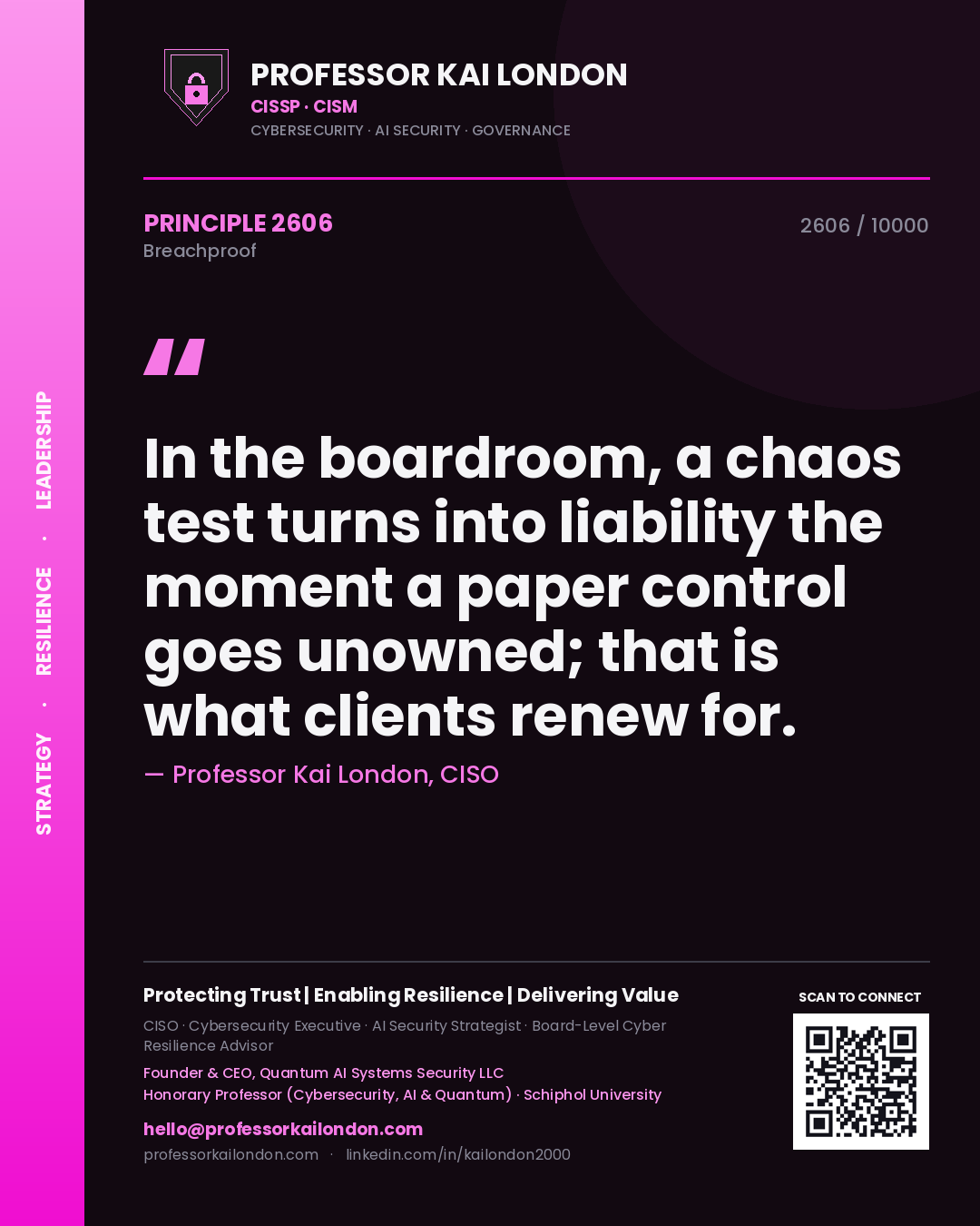 Quote card by Professor Kai London reading 'In the boardroom, a chaos test turns into liability the moment a paper control goes unowned; that is what clients renew for.'. From the book Breachproof.