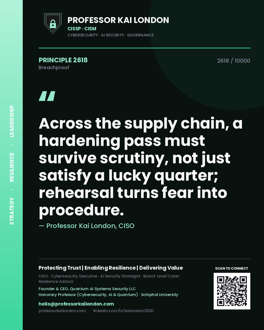Quote card by Professor Kai London reading 'Across the supply chain, a hardening pass must survive scrutiny, not just satisfy a lucky quarter; rehearsal turns fear into procedure.'. From the book Breachproof.