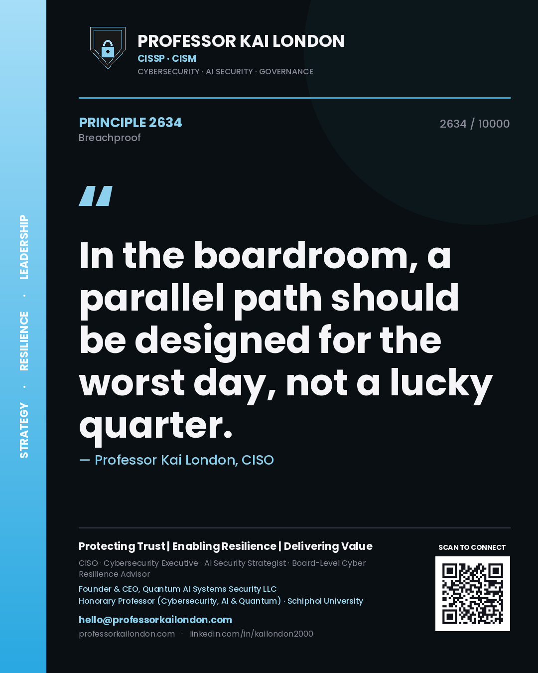 Quote card by Professor Kai London reading 'In the boardroom, a parallel path should be designed for the worst day, not a lucky quarter.'. From the book Breachproof.