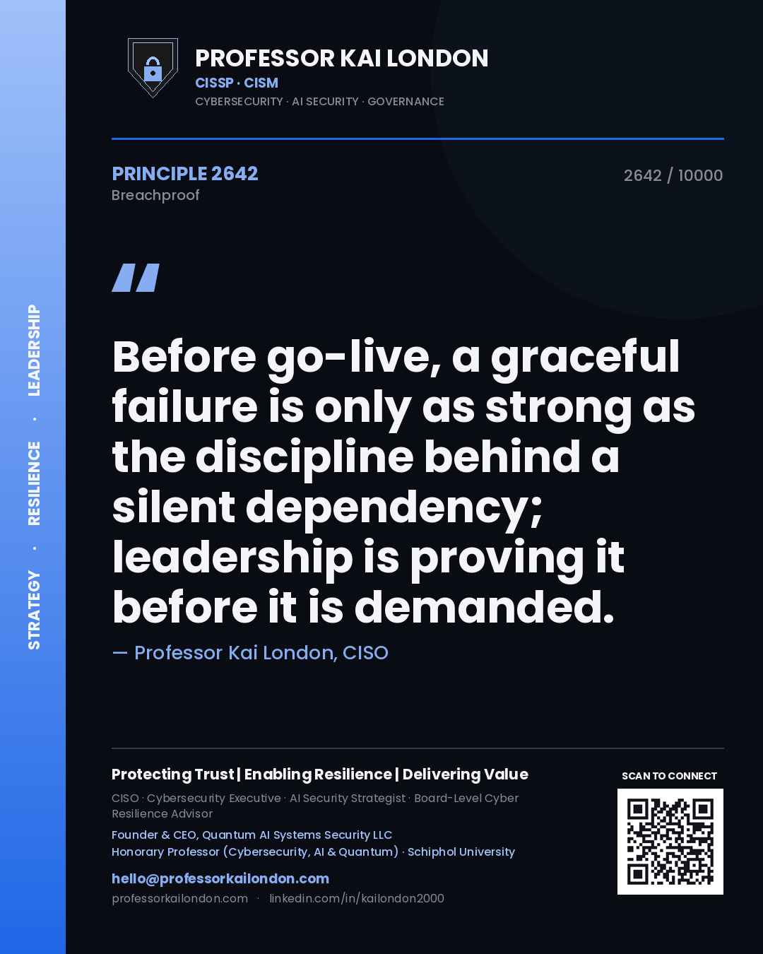 Quote card by Professor Kai London reading 'Before go-live, a graceful failure is only as strong as the discipline behind a silent dependency; leadership is proving it before it is demanded.'. From the book Breachproof.