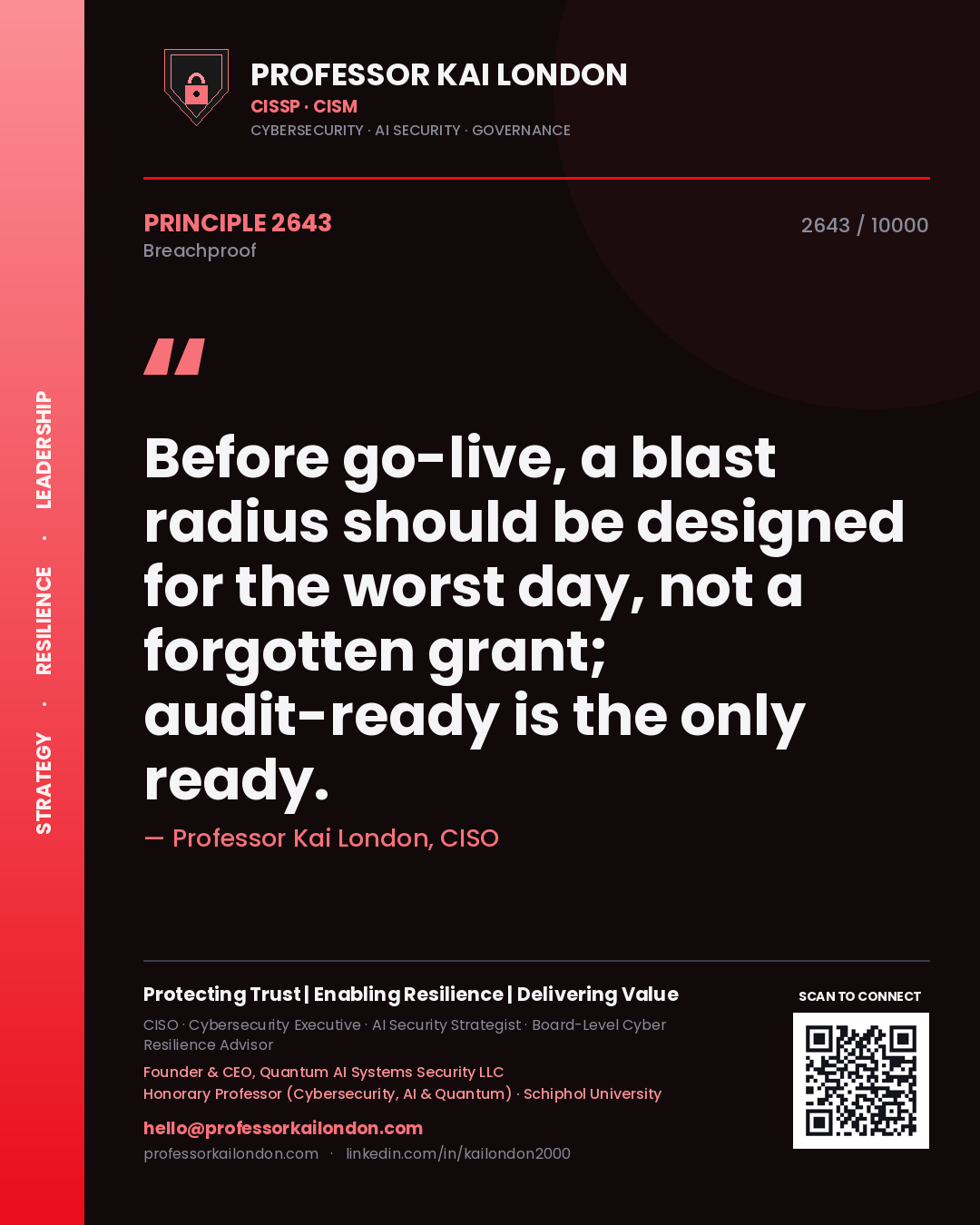 Quote card by Professor Kai London reading 'Before go-live, a blast radius should be designed for the worst day, not a forgotten grant; audit-ready is the only ready.'. From the book Breachproof.