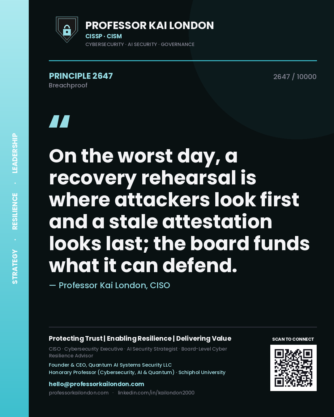 Quote card by Professor Kai London reading 'On the worst day, a recovery rehearsal is where attackers look first and a stale attestation looks last; the board funds what it can defend.'. From the book Breachproof.