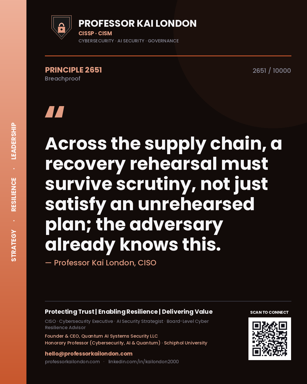 Quote card by Professor Kai London reading 'Across the supply chain, a recovery rehearsal must survive scrutiny, not just satisfy an unrehearsed plan; the adversary already knows this.'. From the book Breachproof.