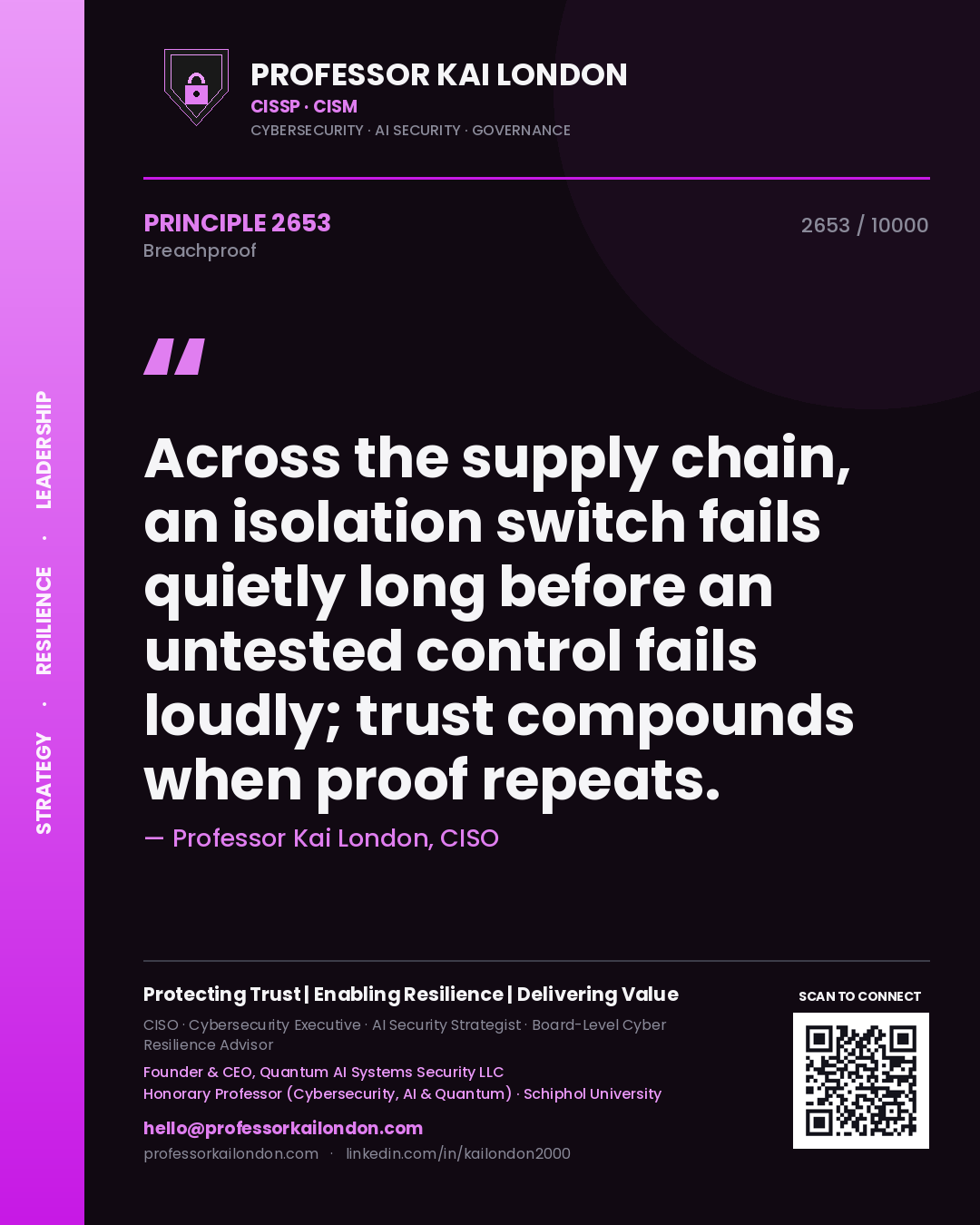 Quote card by Professor Kai London reading 'Across the supply chain, an isolation switch fails quietly long before an untested control fails loudly; trust compounds when proof repeats.'. From the book Breachproof.