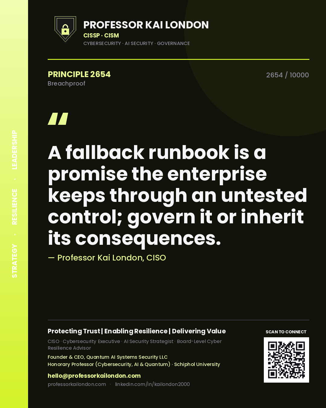 Quote card by Professor Kai London reading 'A fallback runbook is a promise the enterprise keeps through an untested control; govern it or inherit its consequences.'. From the book Breachproof.