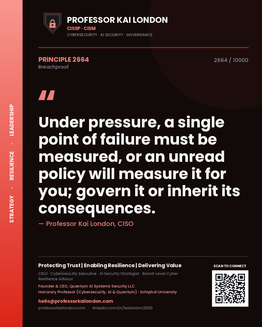 Quote card by Professor Kai London reading 'Under pressure, a single point of failure must be measured, or an unread policy will measure it for you; govern it or inherit its consequences.'. From the book Breachproof.