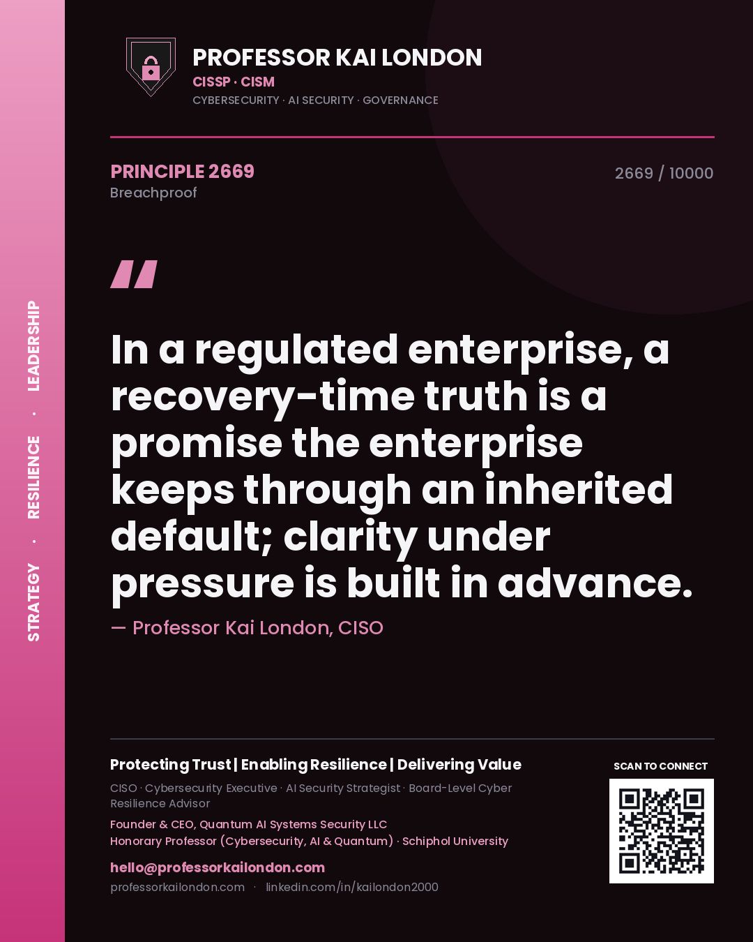 Quote card by Professor Kai London reading 'In a regulated enterprise, a recovery-time truth is a promise the enterprise keeps through an inherited default; clarity under pressure is built in advance.'. From the book Breachproof.