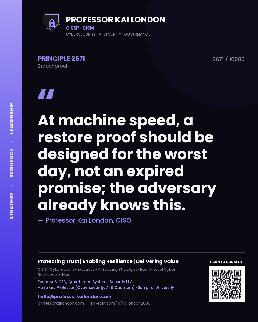 Quote card by Professor Kai London reading 'At machine speed, a restore proof should be designed for the worst day, not an expired promise; the adversary already knows this.'. From the book Breachproof.