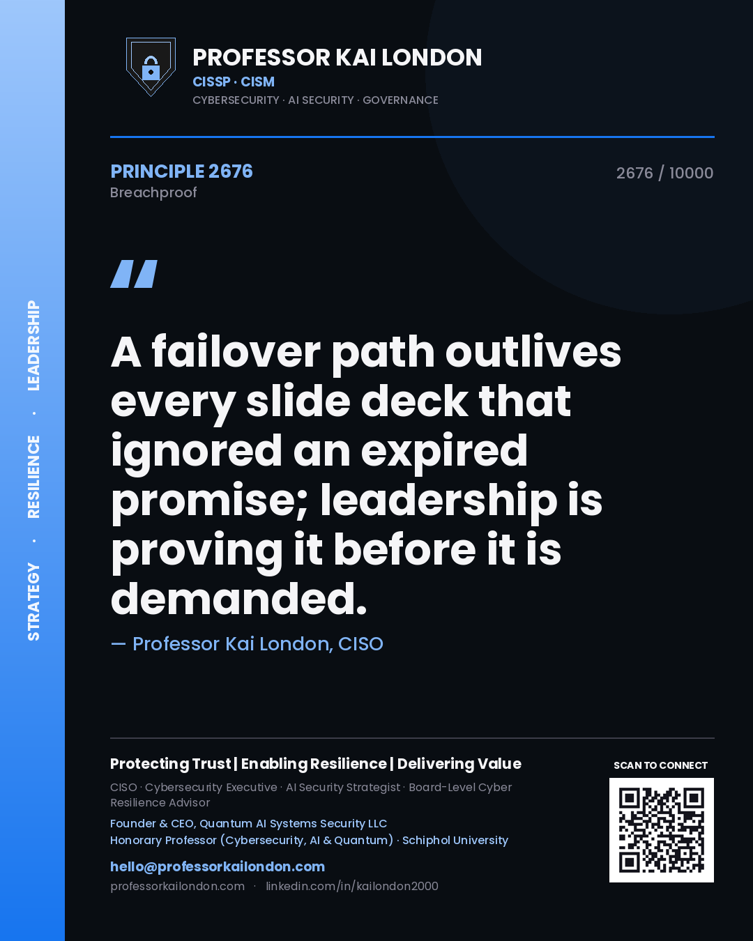 Quote card by Professor Kai London reading 'A failover path outlives every slide deck that ignored an expired promise; leadership is proving it before it is demanded.'. From the book Breachproof.