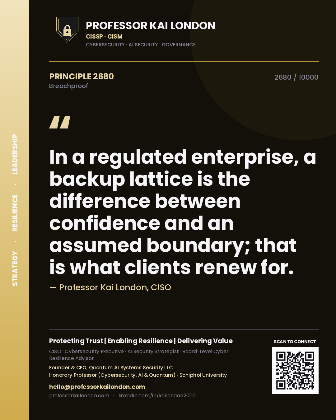 Quote card by Professor Kai London reading 'In a regulated enterprise, a backup lattice is the difference between confidence and an assumed boundary; that is what clients renew for.'. From the book Breachproof.