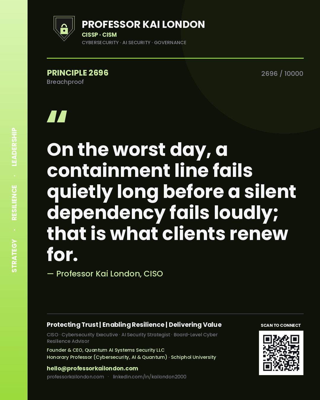 Quote card by Professor Kai London reading 'On the worst day, a containment line fails quietly long before a silent dependency fails loudly; that is what clients renew for.'. From the book Breachproof.
