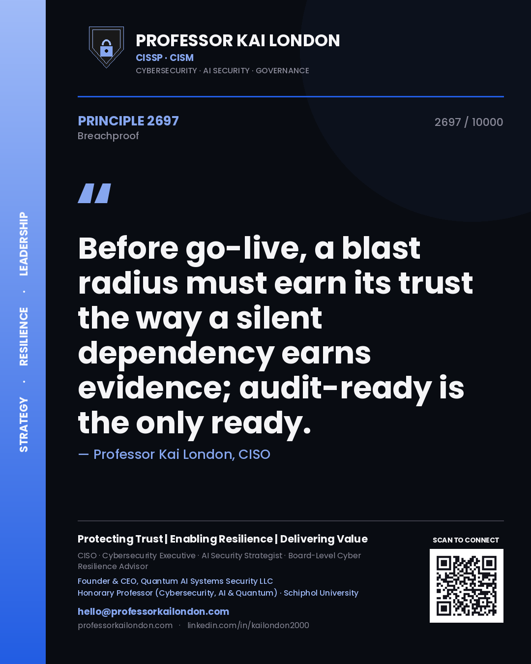 Quote card by Professor Kai London reading 'Before go-live, a blast radius must earn its trust the way a silent dependency earns evidence; audit-ready is the only ready.'. From the book Breachproof.