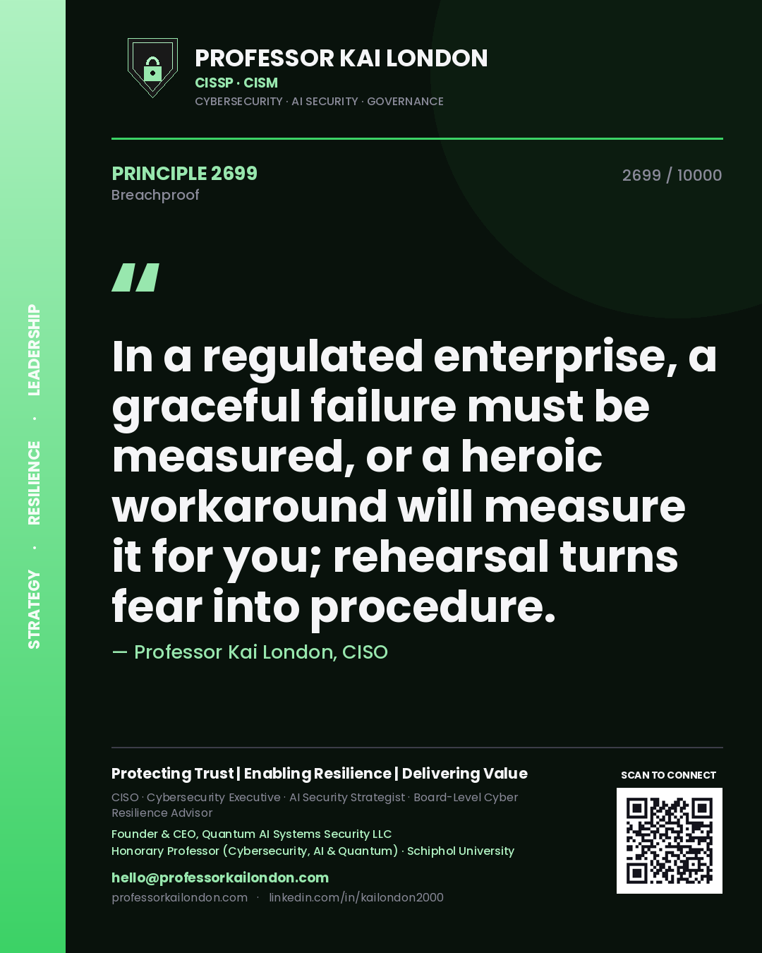 Quote card by Professor Kai London reading 'In a regulated enterprise, a graceful failure must be measured, or a heroic workaround will measure it for you; rehearsal turns fear into procedure.'. From the book Breachproof.