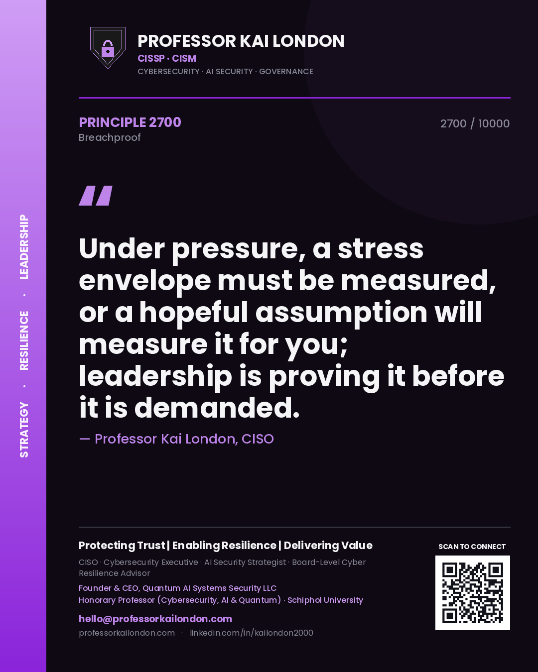 Quote card by Professor Kai London reading 'Under pressure, a stress envelope must be measured, or a hopeful assumption will measure it for you; leadership is proving it before it is demanded.'. From the book Breachproof.