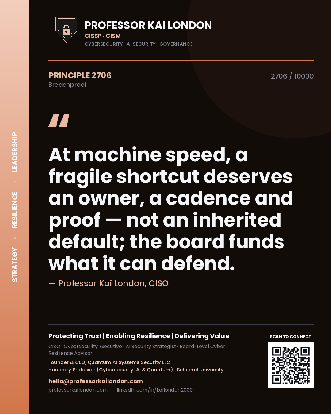 Professor Kai London principle 2706: At machine speed, a fragile shortcut deserves an owner, a cadence and proof — not an inherited default; the board funds what it can defend.