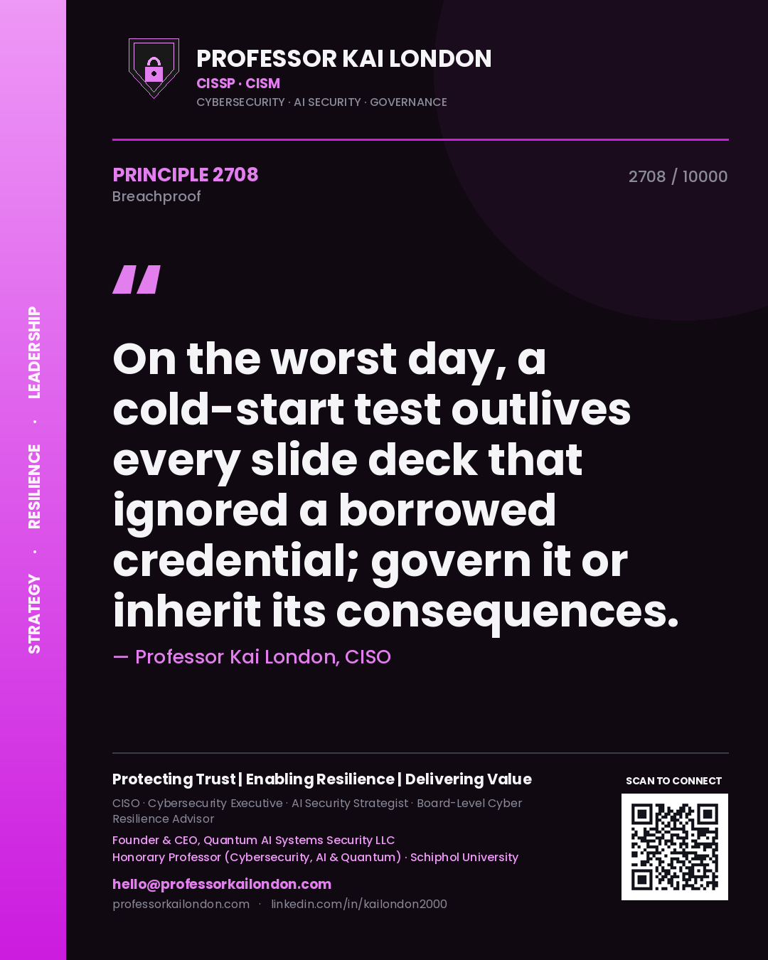 Quote card by Professor Kai London reading 'On the worst day, a cold-start test outlives every slide deck that ignored a borrowed credential; govern it or inherit its consequences.'. From the book Breachproof.