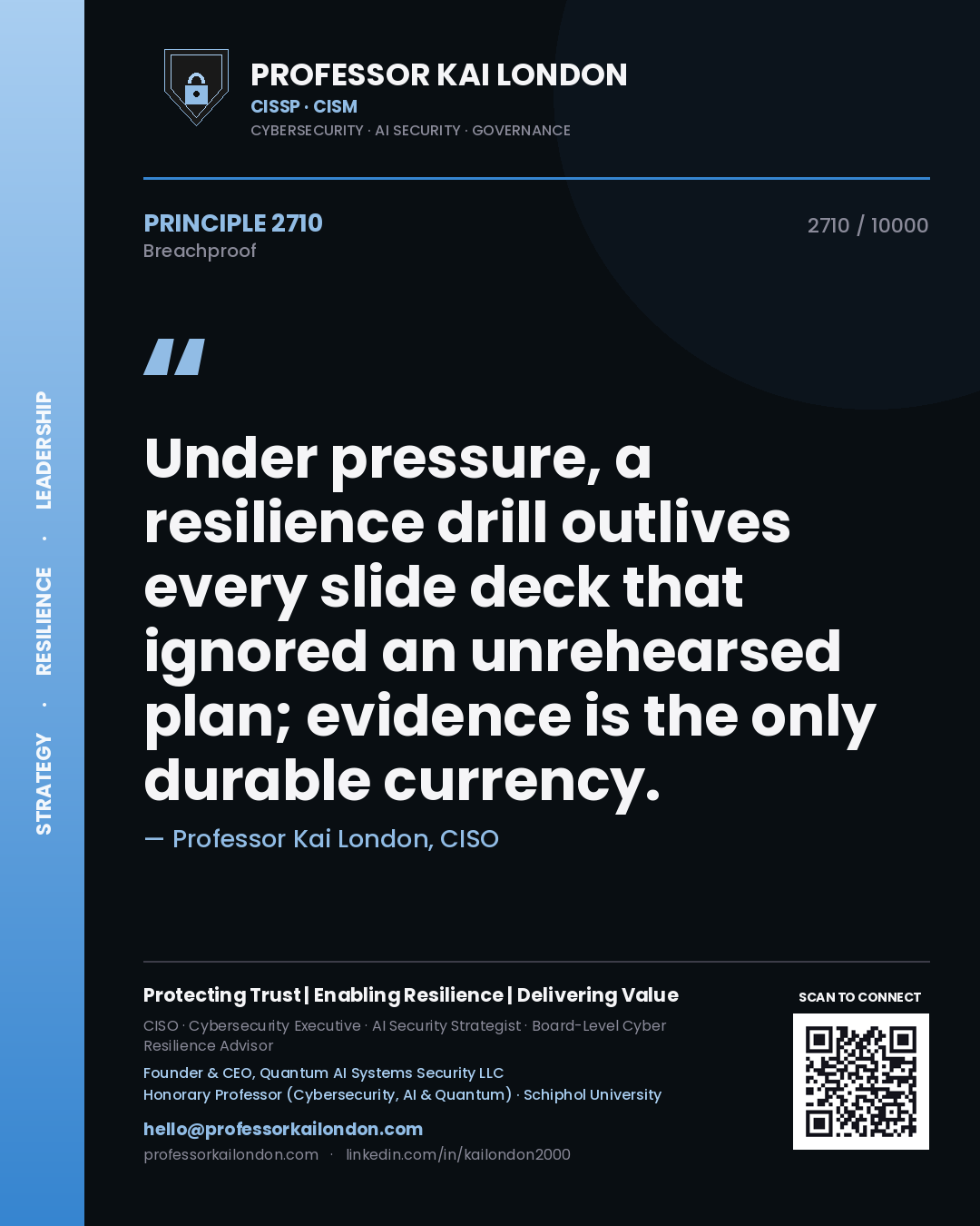 Professor Kai London principle 2710: Under pressure, a resilience drill outlives every slide deck that ignored an unrehearsed plan; evidence is the only durable currency.