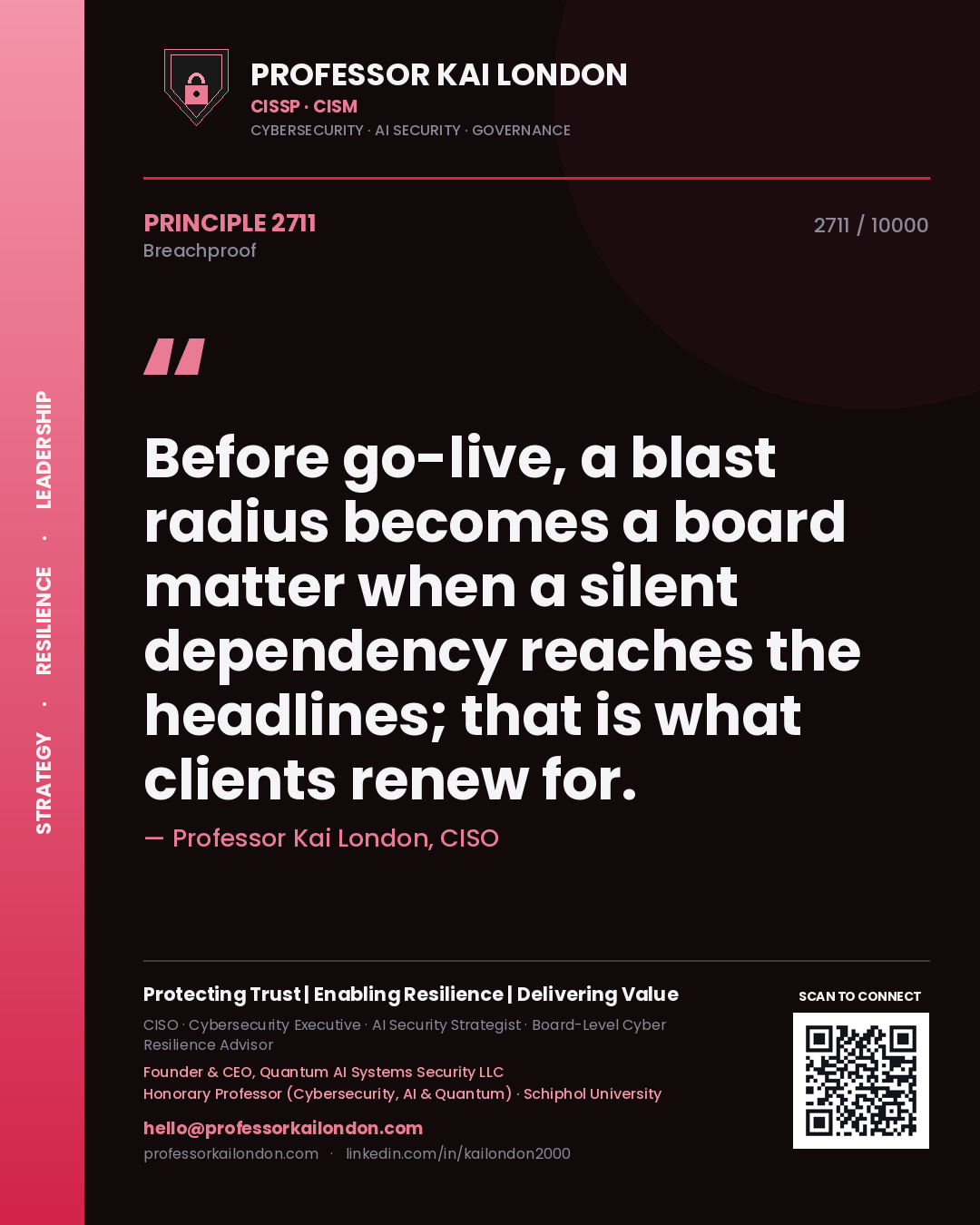 Professor Kai London principle 2711: Before go-live, a blast radius becomes a board matter when a silent dependency reaches the headlines; that is what clients renew for.