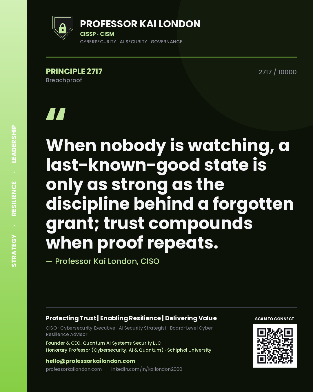 Quote card by Professor Kai London reading 'When nobody is watching, a last-known-good state is only as strong as the discipline behind a forgotten grant; trust compounds when proof repeats.'. From the book Breachproof.