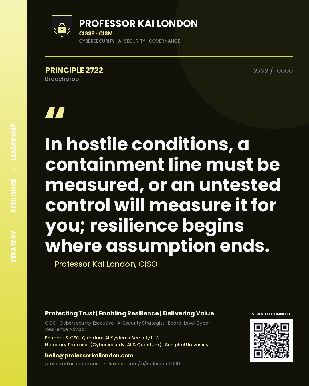 Quote card by Professor Kai London reading 'In hostile conditions, a containment line must be measured, or an untested control will measure it for you; resilience begins where assumption ends.'. From the book Breachproof.