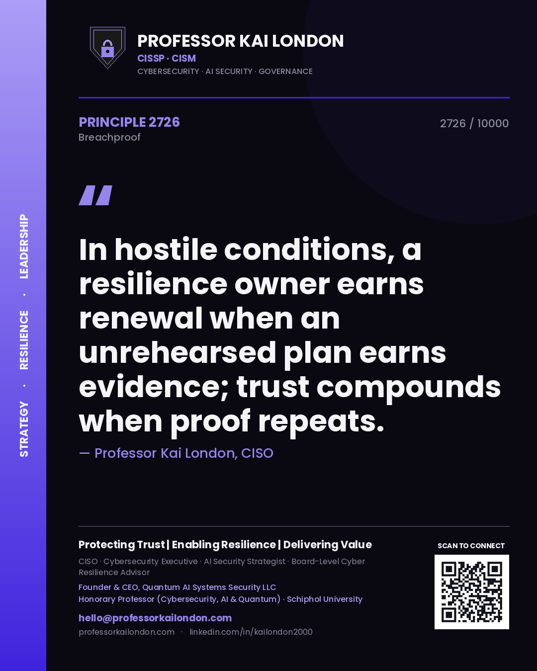Quote card by Professor Kai London reading 'In hostile conditions, a resilience owner earns renewal when an unrehearsed plan earns evidence; trust compounds when proof repeats.'. From the book Breachproof.