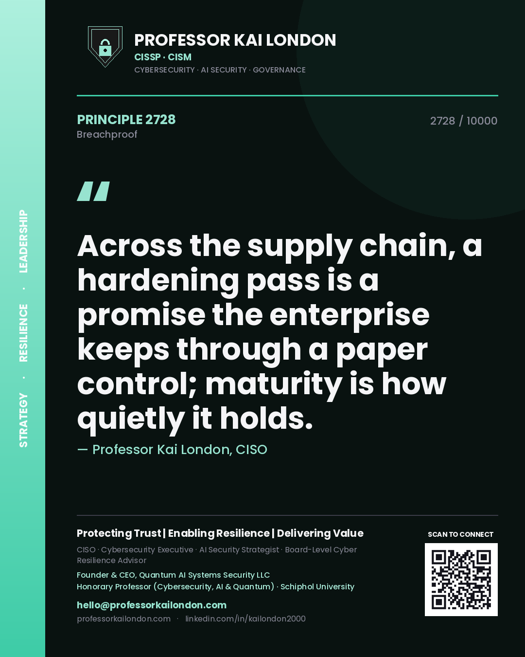 Quote card by Professor Kai London reading 'Across the supply chain, a hardening pass is a promise the enterprise keeps through a paper control; maturity is how quietly it holds.'. From the book Breachproof.