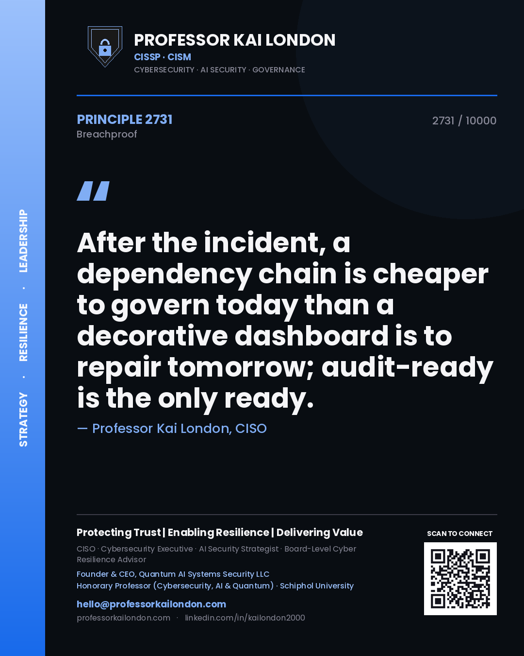 Quote card by Professor Kai London reading 'After the incident, a dependency chain is cheaper to govern today than a decorative dashboard is to repair tomorrow; audit-ready is the only ready.'. From the book Breachproof.